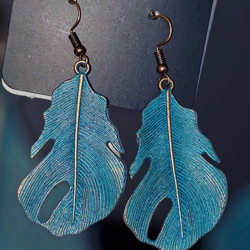 Blue Copper Feather Earrings
